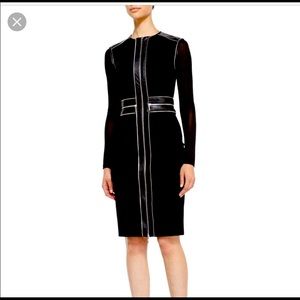 Catherine Deane sheer long sleeve leather zipper cocktail dress